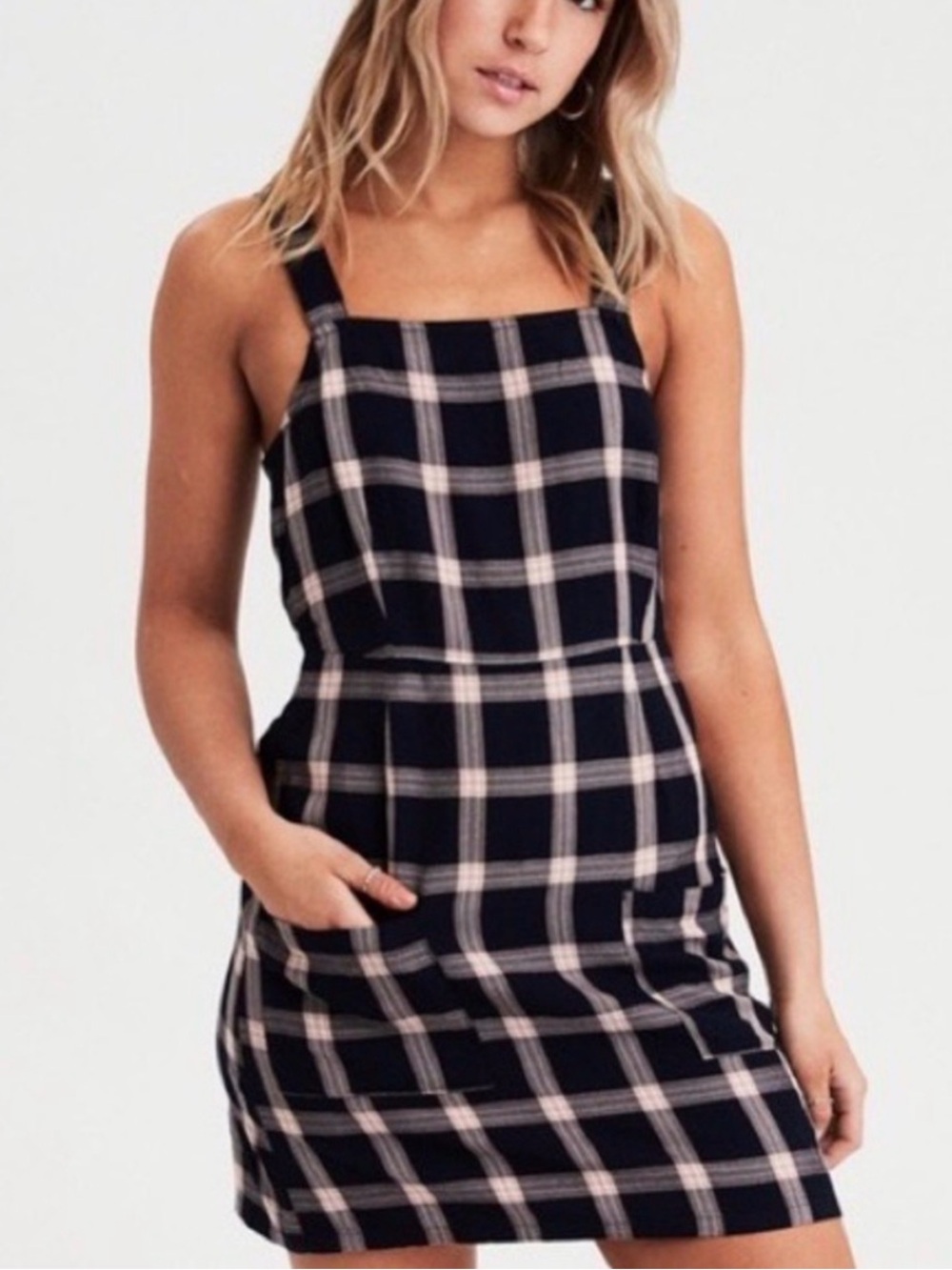 American Eagle Navy Plaid Mini Pinafore Jumper Dress Pockets L